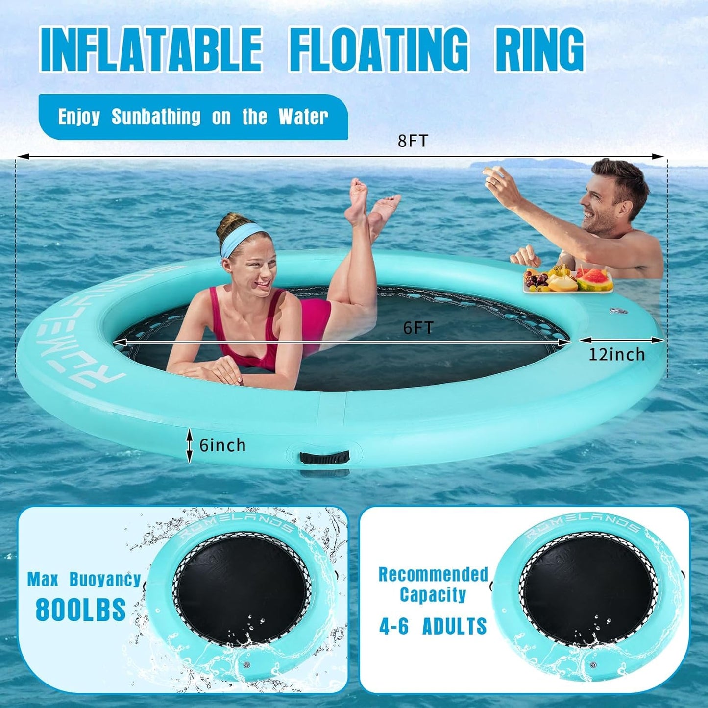 Inflatable Water Hammock Floating Dock, Round Float Ring for Summer Party, Heavy-Duty Raft Platform for Lakes Pools Oceans, Portable Lounger for Adults