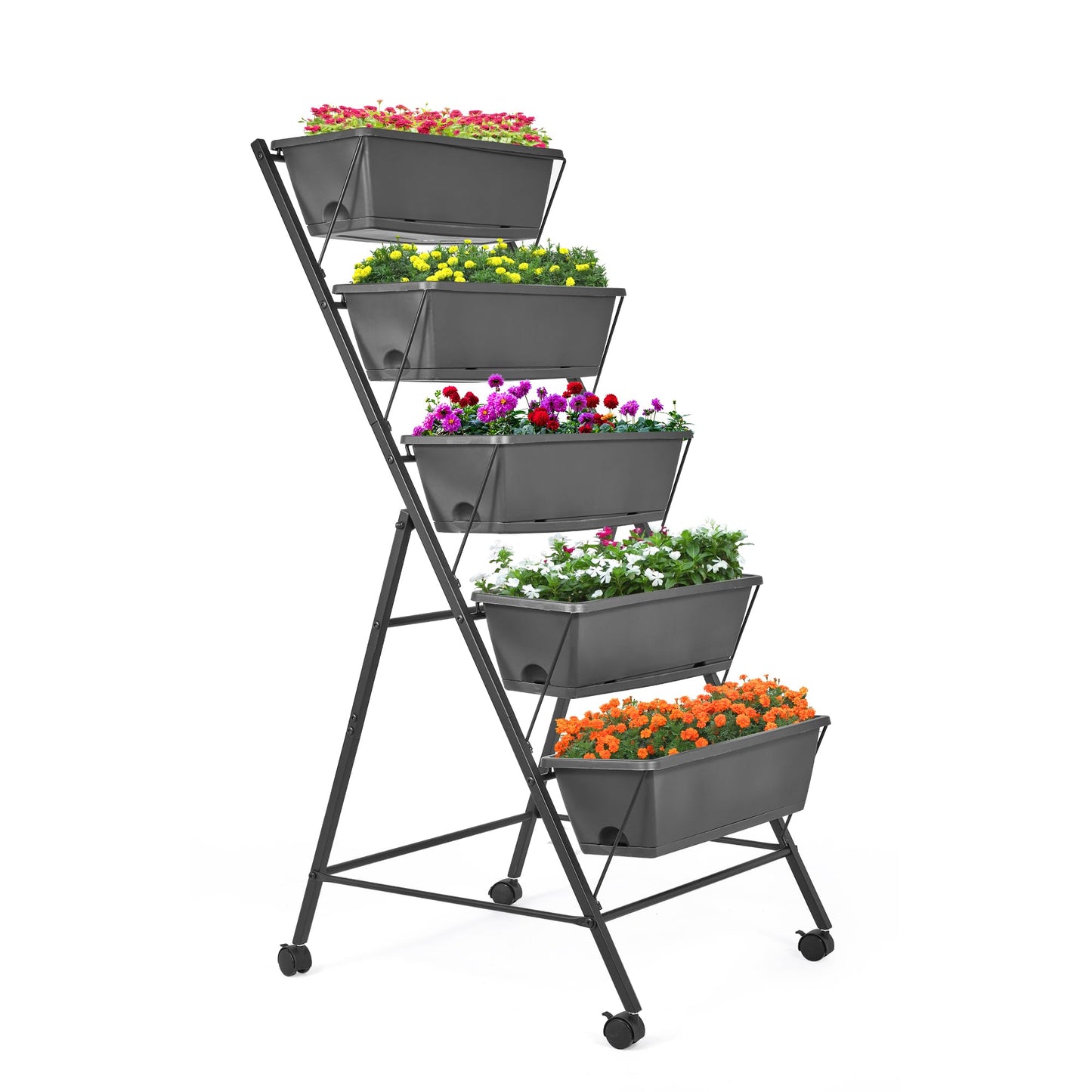 GENMOUS 5 Tier Raised Garden Bed Tall 45FT Vertical Elevated Garden Planter Standing Garden Bed Planter Box with Drainage Holes Removable Tray Outdoor Herb Planter Stand on Patio Balcony Porch Black