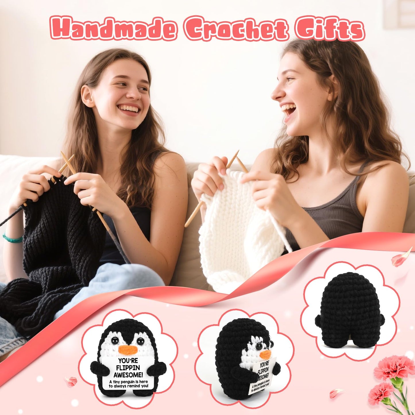 Positive Crochet Penguin, Mini Funny Brithday Galentines Valentines Gifts for Women Men Teens Boys Girls, Inspirational Appreciation Gifts for Coworker Friend Sister Her Him, Emotional Positive Decor