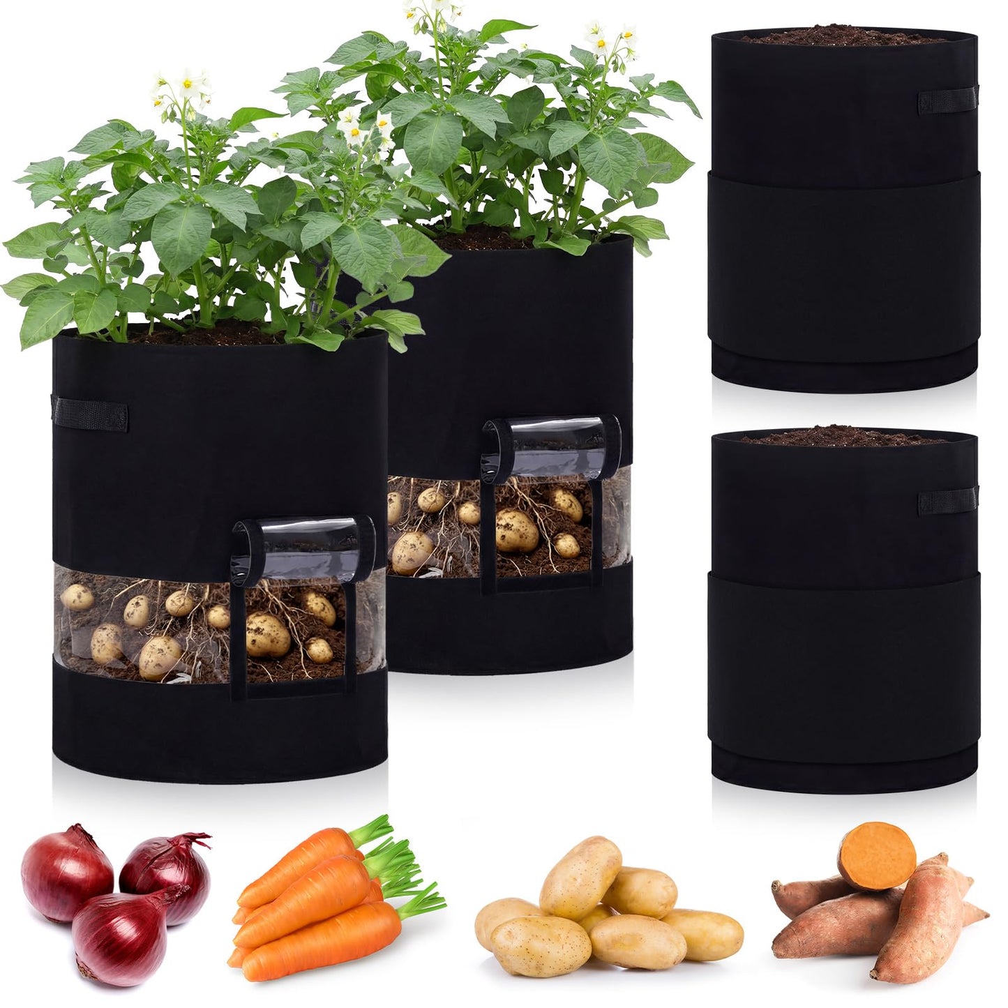 Baderke 4 Pack Visible Potato Grow Bags with Harvest Window, 360 Visibility Plant Grow Bags with Handles for Planting Potatoes, Tomatoes and Vegetables (20 Gallon,Black)