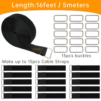 TACVEL 1.5" x16ft Hook and Loop Straps, Long Adjustable Fastening Straps with 15 Metal Buckles, Cut to Length Cinch Straps, Reusable Nylon Securing Cord Ties for Organizer or Storage