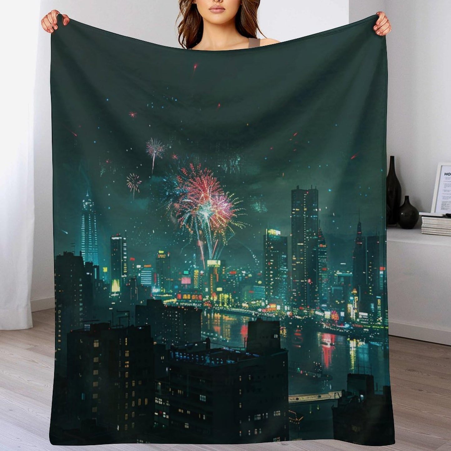 HDESDIS City Skyline Scenery Throw Blanket, Soft Cozy Night Starry Fireworks Building Blanket for Couch, Sofa, Bed, Warm Decorative Blanket for Women and Men, 50"x60"