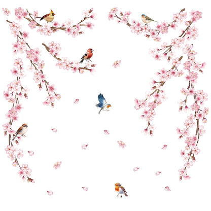 Cherry Blossom Wall Decals, Pink Vine Flowers, Hanging Floral Tree Branch and Birds Peel & Stick Wall Stickers for Bedroom, Living Room, Nursery, Sofa, Office Decor