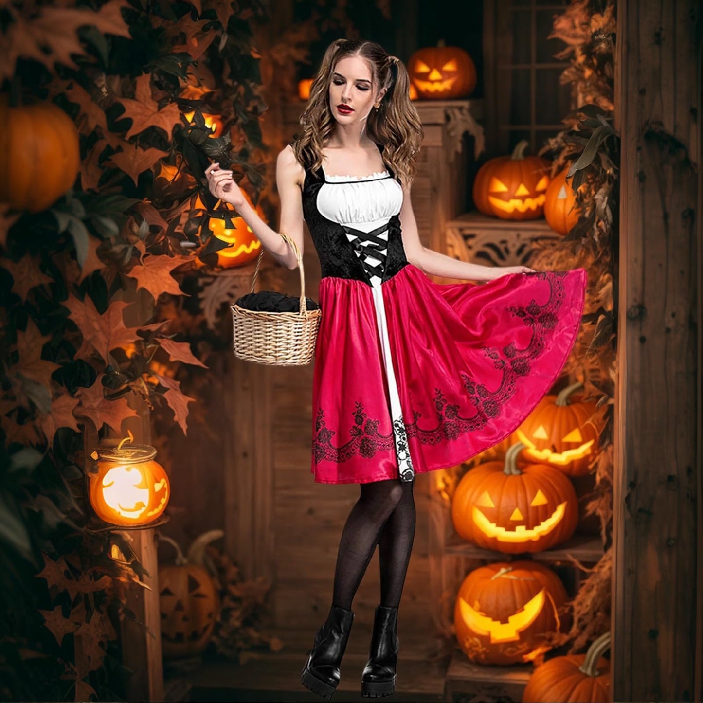 Colorful House Red Little Riding Hood Costume For Women, Christmas Halloween Party Dress with Cape Adult Role-Playing(X-Large)