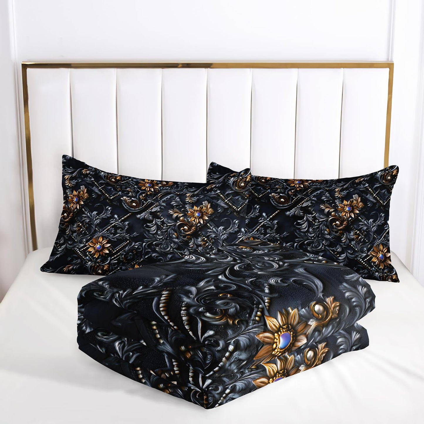 lneffble Black and Gold Floral Comforter Full Set，Victorian Gothic Bedding Set Full，with 1 Comforter with 2 Pillow Case，Floral Bedroom Decor Black