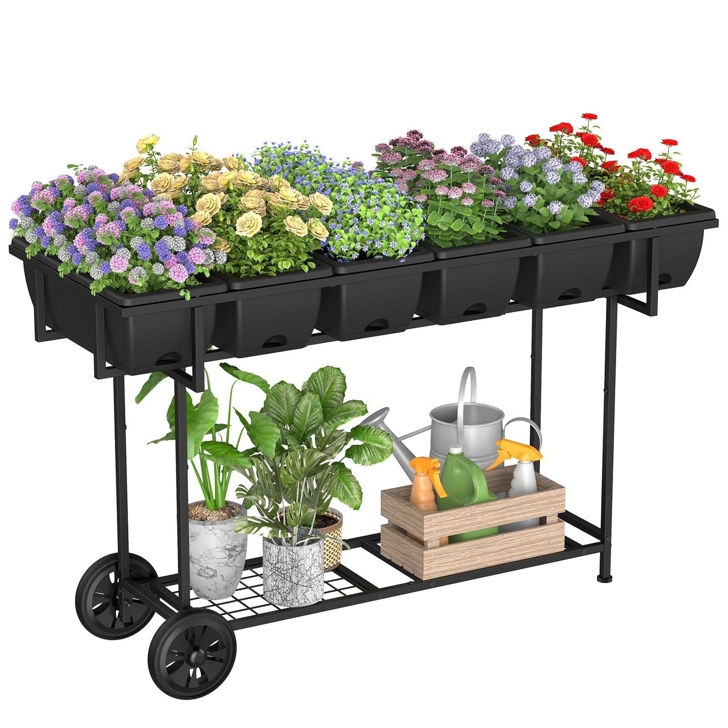 YBING Raised Garden Bed Outdoor with Wheels 42x17x29in Elevated Planter Box with Legs and Storage Shelf 6 Pocket Herb Garden Planter for Balcony Patio Deck Black