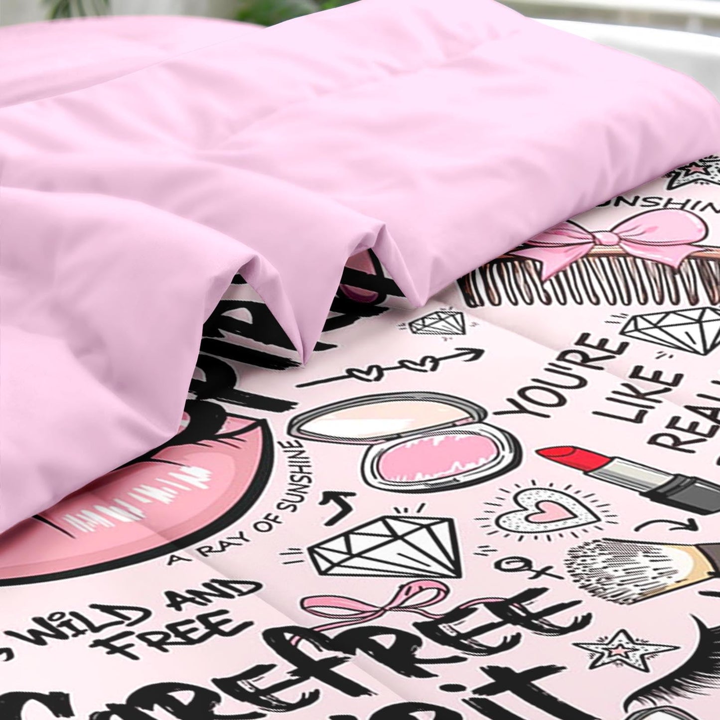 Pamnest Comforter Set King Size, Makeup Pink Queen 7 Pcs Bedding for Kids and Adults, Women Diamond Cute Bed Sheet Sets with Fitted Sheet 2 Pillowcases & 2 Shams for Bedroom Bed Decor