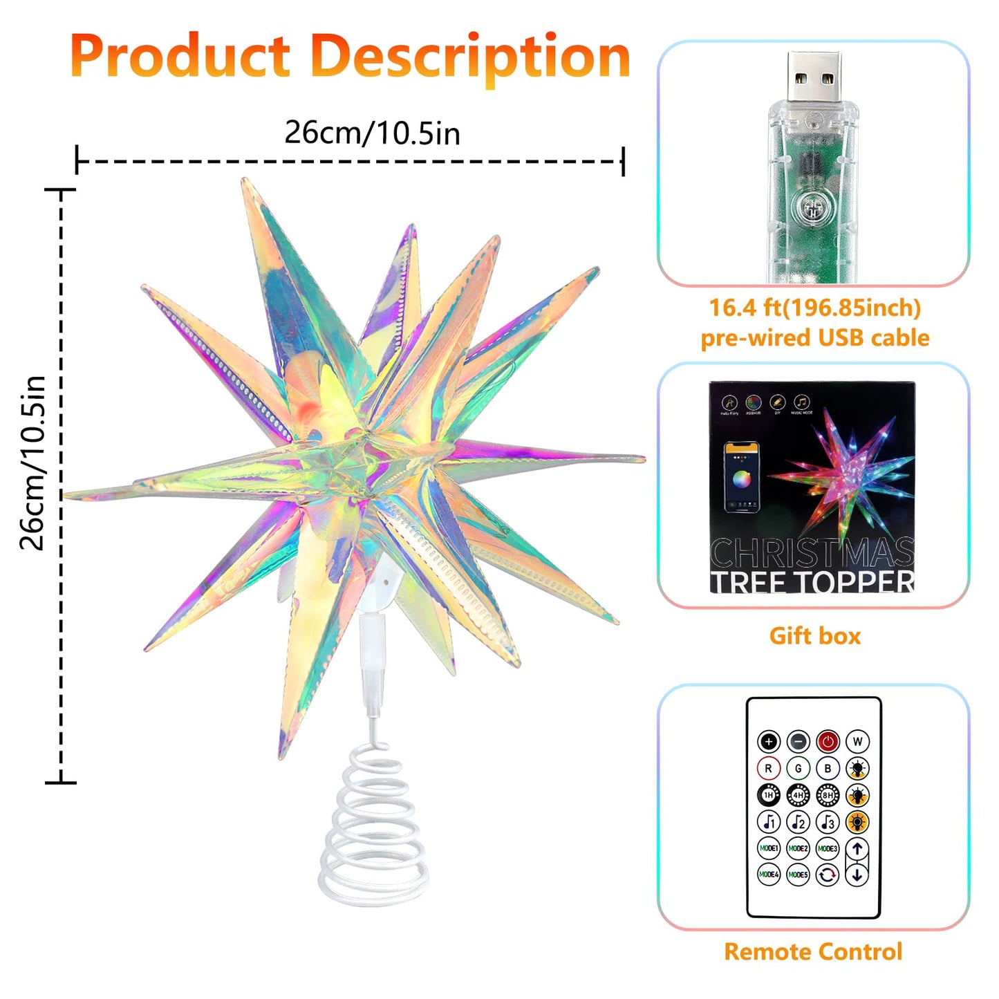 LEDLampsWorld 3D Moravian Star Tree Topper, PET Christmas Star Tree Toppers Powered by USB, App Control LED Smart Christmas Light with Remote for Xmas Tree
