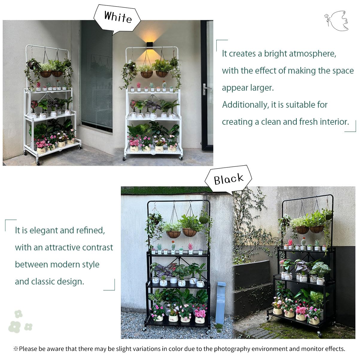 lumizone Foldable 4-Tier Plant Stand Indoor Outdoor Hanging Plant Shelf No Assembly Required Pot Placement Area With Wheels Sturdy Fall Prevention Storage Shelf Flower Pot Stand(4 Tier-White)