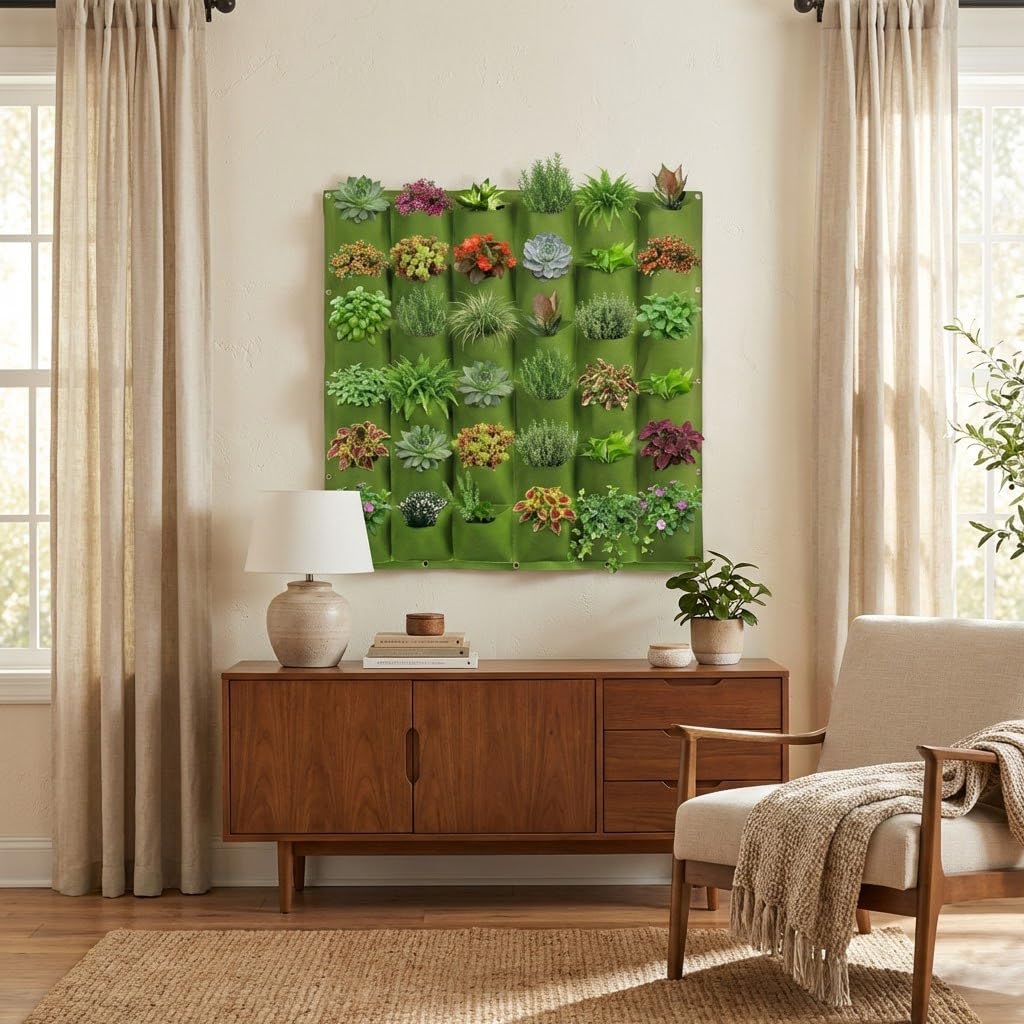 WFIST Vertical Hanging Planter Bag, Breathable Felt Wall Garden Planter with Metal Grommets, Indoor/Outdoor Space-Saving Herb & Flower Growing Pouch (36-Pocket)