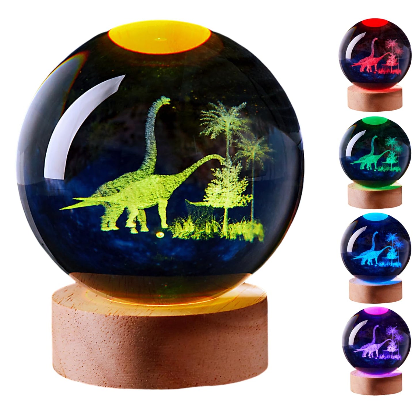 LGY3DLight 3D Dinosaur Crystal Ball Lamp with Remote Control, 3.15 inch Crystal Night Light with Wooden Base 16 Colors Change, Glass Figurine Lamp Gift for Girls Boys Wife Girlfriend Mom (Dinosaur)