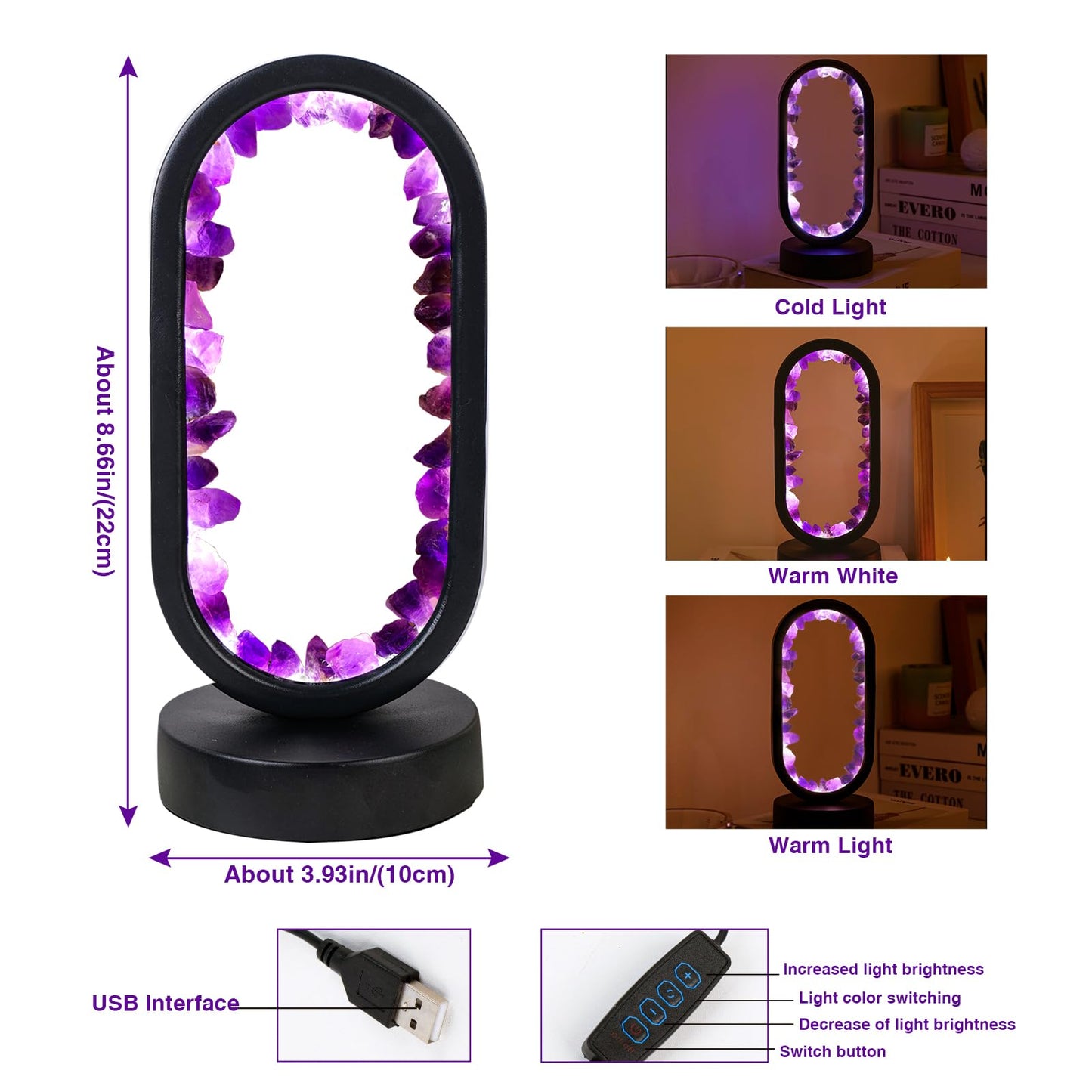 Runyangshi Crystal Lamp Amethyst Raw Stone Ellipse Night Lamp Natural Healing Crystal Night Light Table Lamp Base USB Port 3 Colours Mode for Bedroom Bedside Lamp Office Home Decor Gift