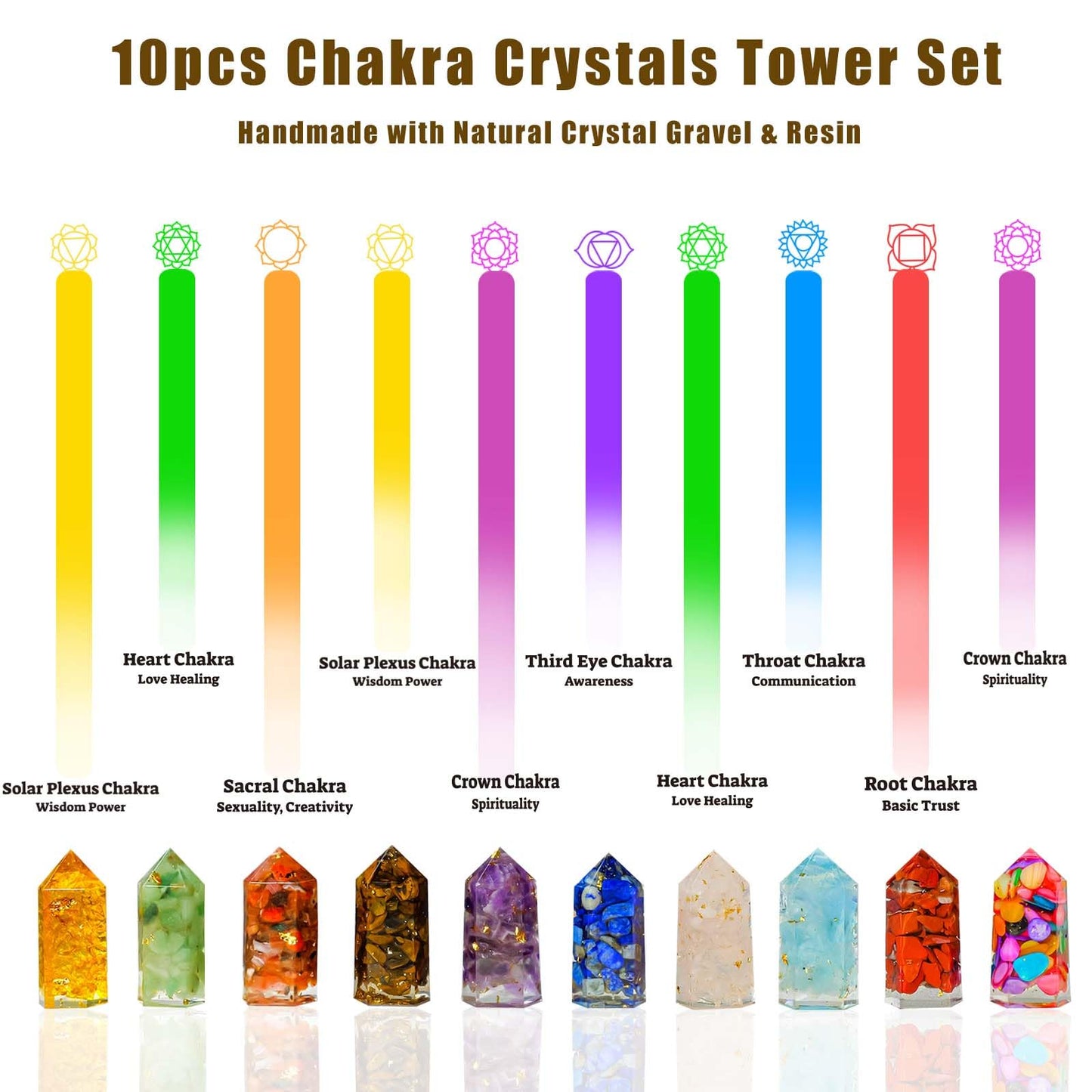 Runyangshi 10pcs Chakra Crystals Tower Set Handmade with Natural Crystal Gravel & Resin 6-Faceted Single Point Crystal Wand for Meditation Home Decor Gift (Chakra Set 10pcs C, 1.57"-1.96" (4-5cm))