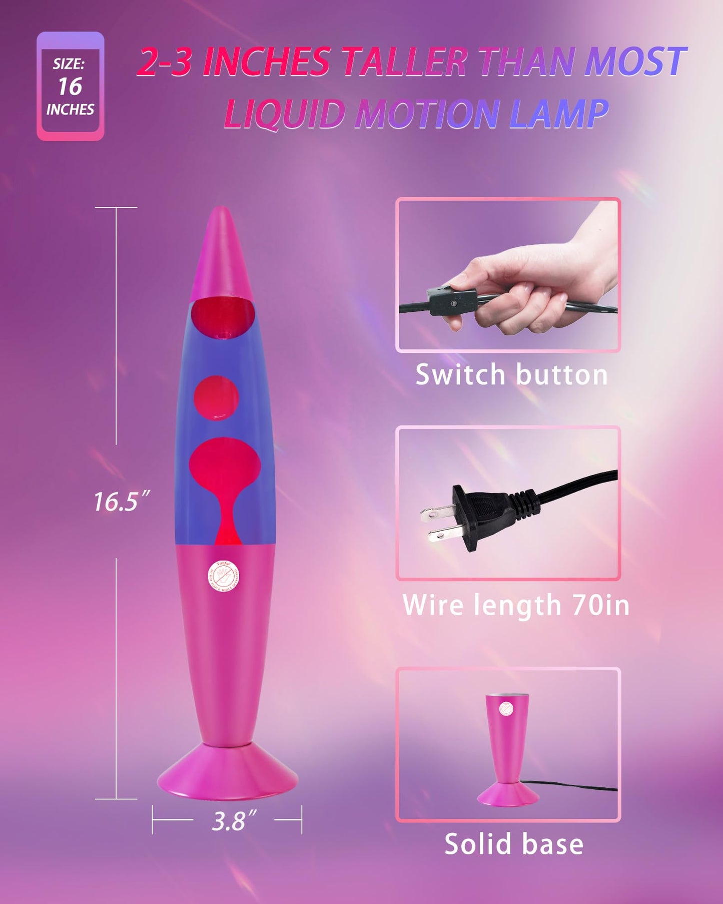 Vanful 16-Inch Liquid Motion Lamp- Pink Base, Purple Liquid, Pink Wax, Beautiful Magma Lamp with 2 packs bulbs for Adults Kids, Night Light for Boys Girls Present Home Bedroom Office Living Room Decor