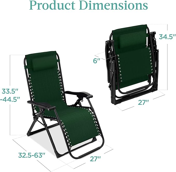 Best Choice Products Oversized Zero Gravity Chair, Folding Outdoor Patio Recliner, XL Anti Gravity Lounger w/Removable Cushion, Cup Holder, Side Tray, 350lb Capacity - Forest Green