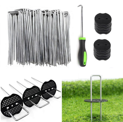 6 Inch 100 PCS Galvanized Landscape Staples with 100 PCS Gasket, Landscape Fabric Pins Stakes Lawn Ground Cover Graden Staples Spikes Weed Barrier Stakes