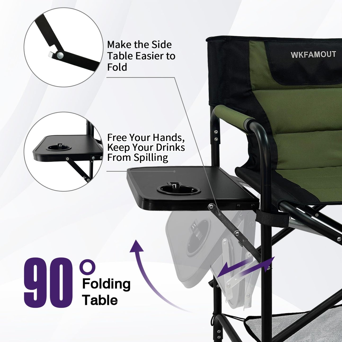 WKFAMOUT Tall Folding Directors Chair with Side Table 30.71" Seat Height Foldable Camping Chair Bar Stool for Makeup Artist Face Painting with Footrest and Storage Pocket Supports 350LBS