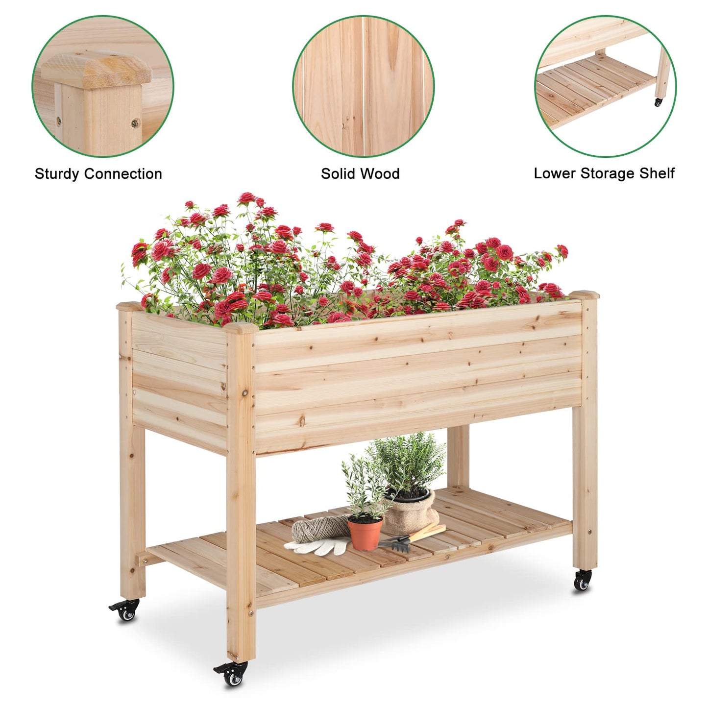 VINGLI 46×22×32 in Raised Garden Bed with Bed Liner, Heavy Duty Wood Elevated Planter with Legs for Vegetables Fruits Potato Onion Flower, Outdoor Sturdy Long Lasting Planter Box Kit (with Wheels)