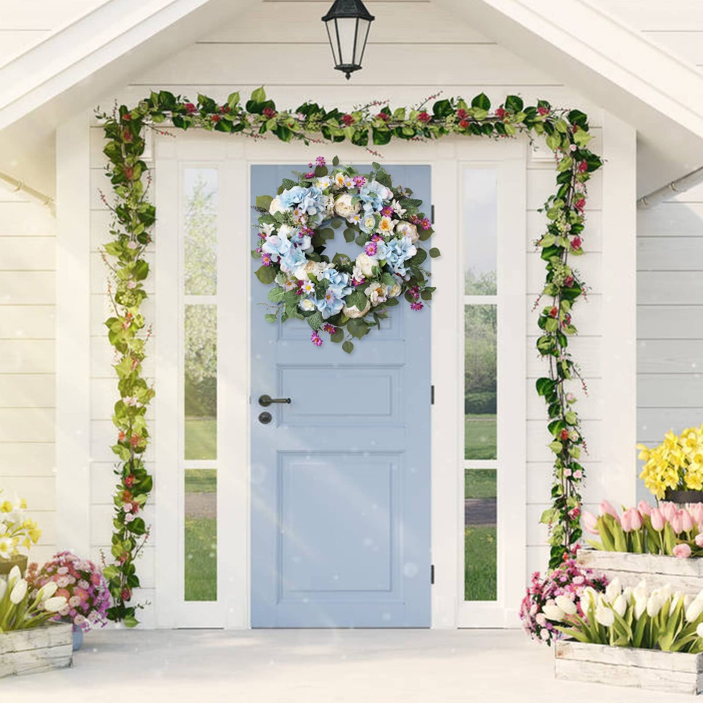 24 Inch Spring Wreaths for Front Door, Spring Wreath,Blue Hydrangea Wreath,Large Spring Summer Door Wreaths for Front Door Outside All Season Home Decor (Blue)