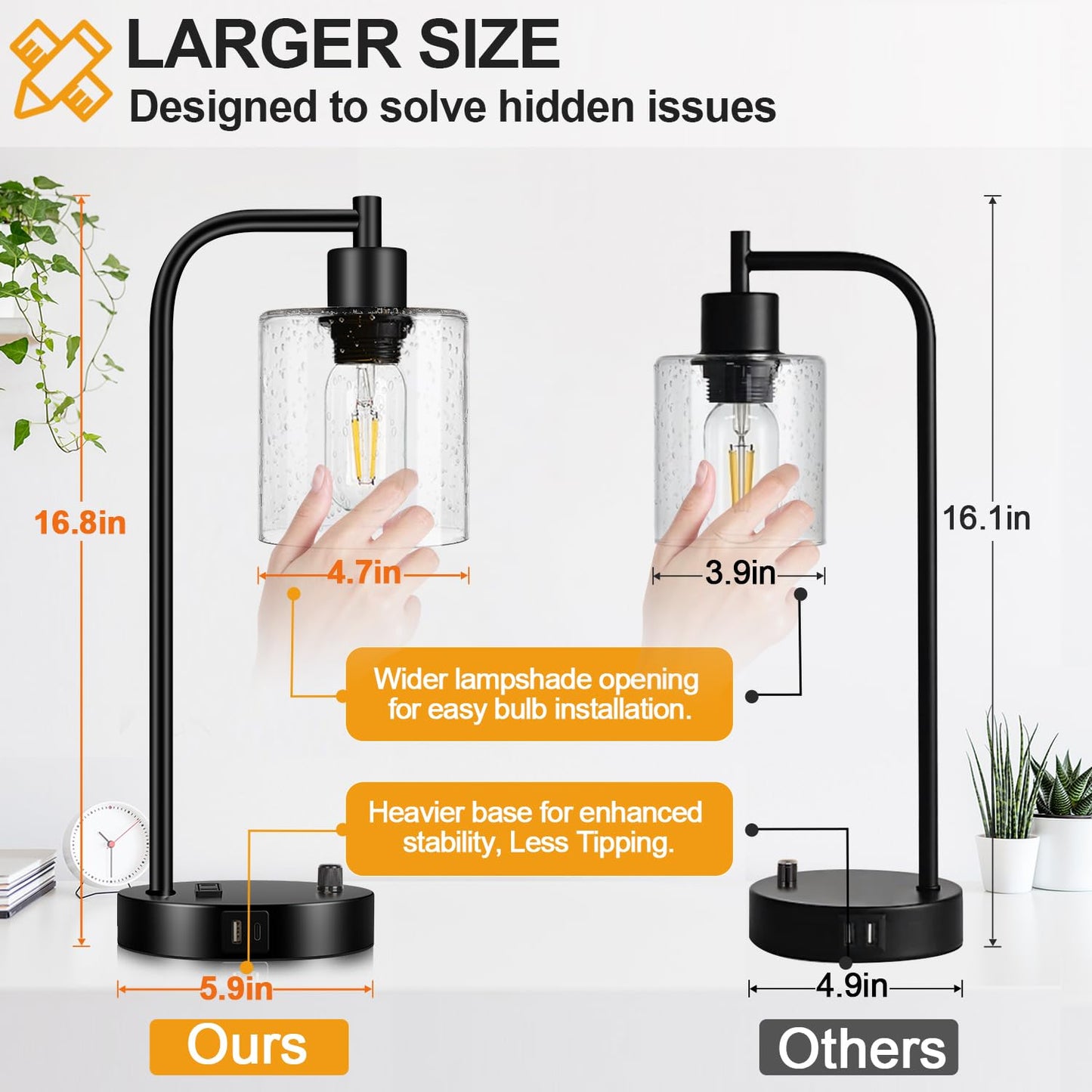 Set of 2 Industrial Table Lamps with USB C+A Ports and Outlet, Fully Stepless Dimmable Bedside Lamps for Bedrooms, Nightstand Lamp with Seed Glass Shade for Reading Living Room Office (Bulbs Included)
