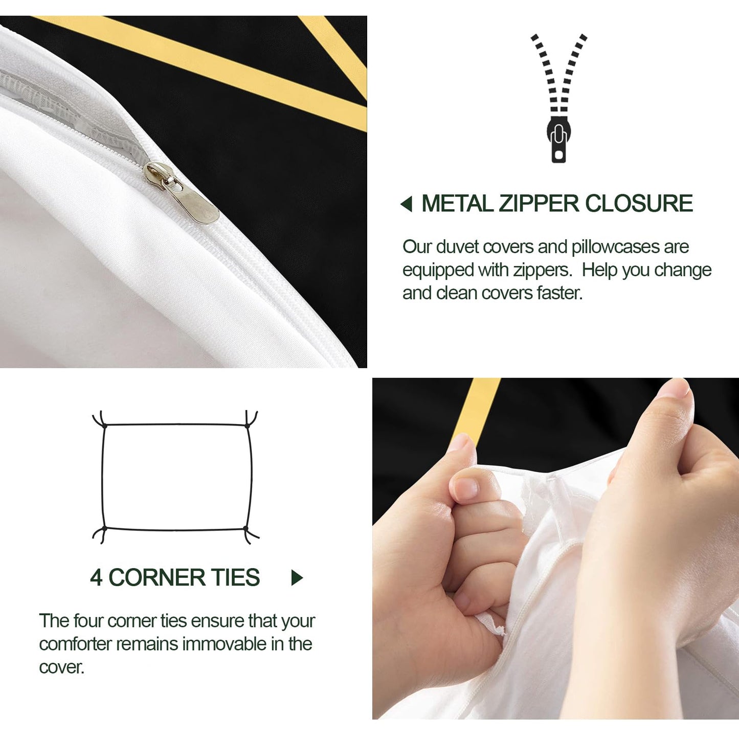 ZAOMIR Geometric Duvet Cover Queen Size, Abstract Modern Geometric Stripes Bedding Set 3 Piece, Black Gold Geometry Lines Patterned Comforter Cover with Zipper Soft Microfiber, 2 Pillowcases