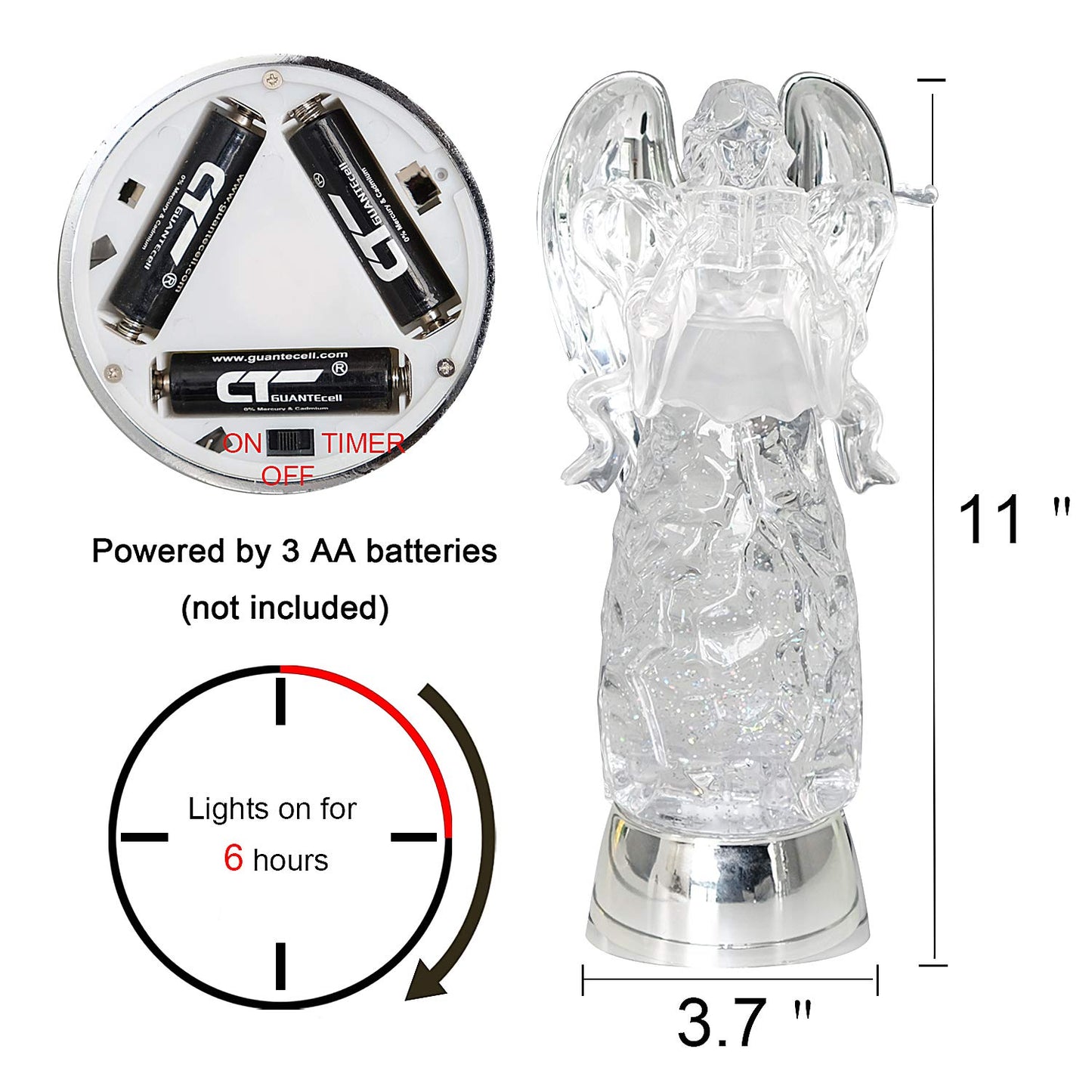 Wondise Color Changing Snow Globe Water Lamp with 6 Hour Timer, 11 Inches LED Lights Battery Operated Swirling Glitter Christmas Home Decor (Angel Reading Figurine)