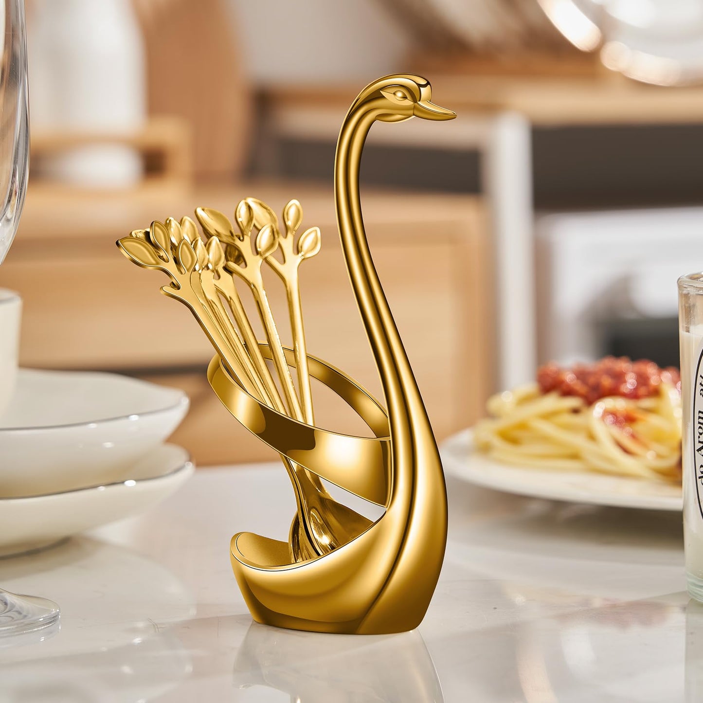 AnSaw Gold Swan Base With 10-Pcs Mini Leaf Coffee Spoon Holder Set - 4.7"