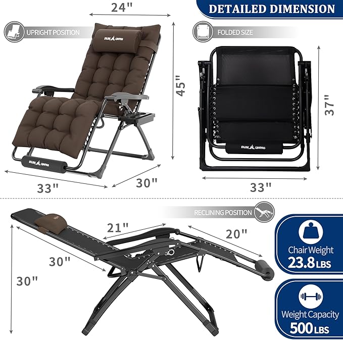 UDPATIO Oversized Zero Gravity Chair Set of 2, 33In XXL Patio Reclining Chair with Cushion, Outdoor Folding Recliner with Pillows|Cup Holder|Foot Rest|Padded Headrest, Brown Grey, Support 500LB