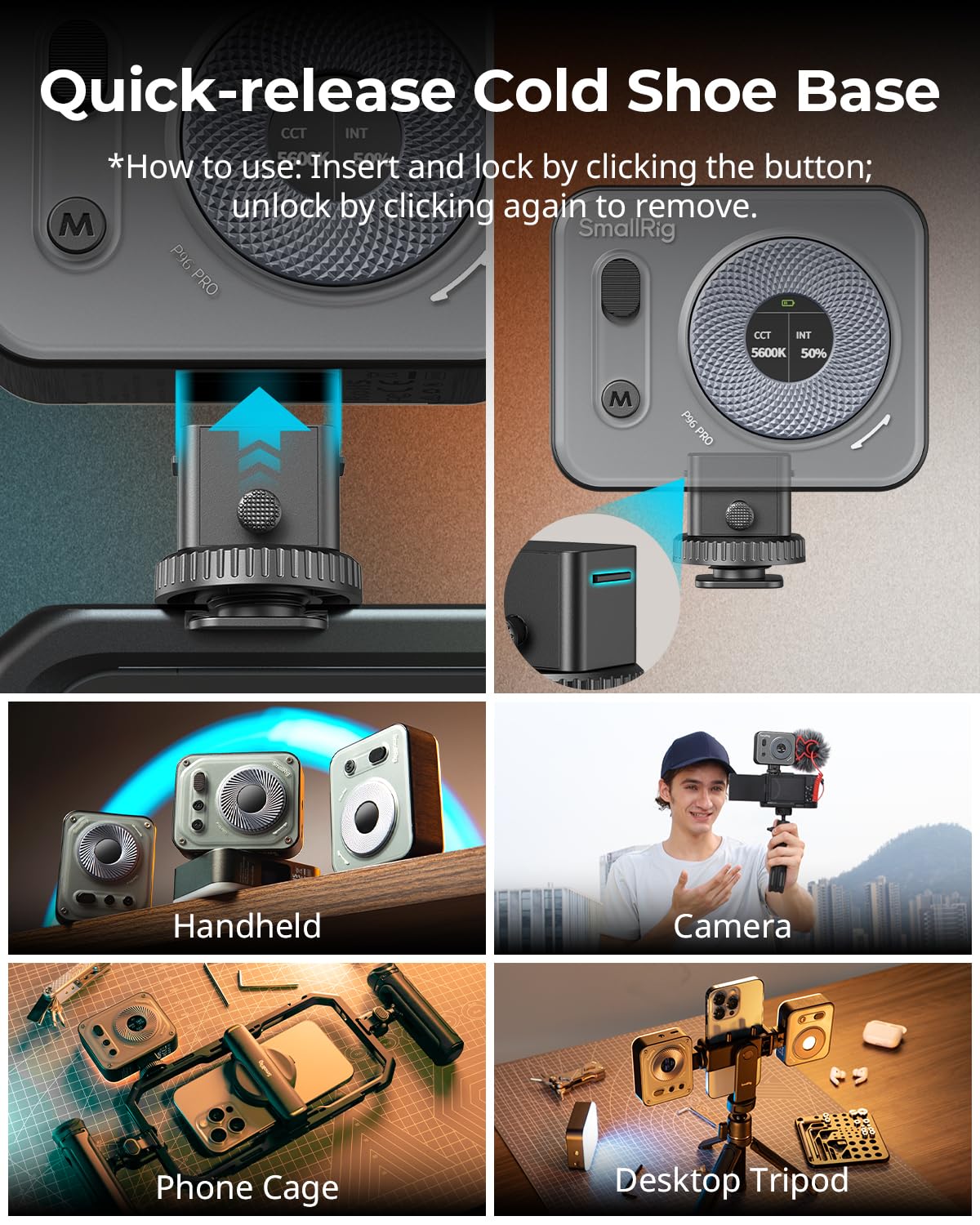 SMALLRIG Vibe P96 Pro Led Video Light, Portable Camera Light for Photography, Cold Shoe Light, CRI95+, 2500-6500K, 5 Effects, Fill Light Accessories for Content Creator, Streaming Black