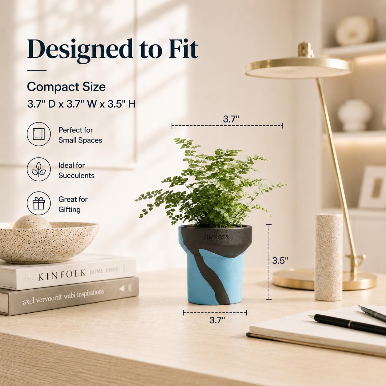 ONE ART Modern Planter Pot, Stone & Recycled Ocean Plastic, Frost Proof Indoor Outdoor Plant Pot for Succulents Flowers Herbs, Unique Hand-Finished Pattern, Lightweight Minimalist Decor (Small)