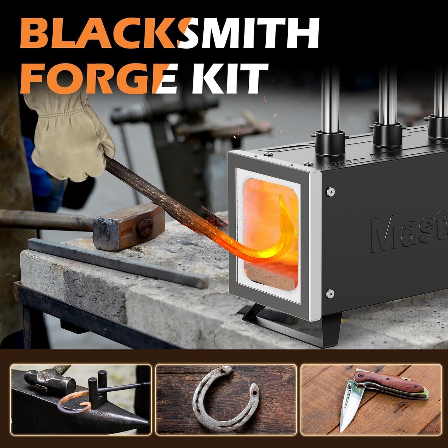 MMasters 3 Burner Propane Forge Kit – Extended Square Gas Forge with Base for Knife Forging, Blacksmithing & Farrier Work