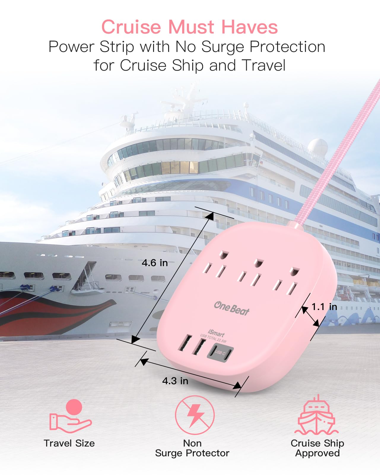 Flat Plug Power Strip, 6ft Ultra Flat Extension Cord - 3 Outlets 4 USB Ports (2 USB C) 22.5W/4.5A Desktop Charging Station, Power Strip No Surge Protection for Cruise Ship, Dorm Room Travel Essentials