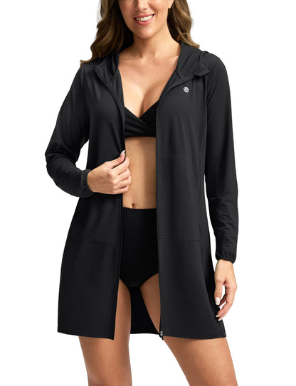 Women's UPF 50+ Swim Cover Up Sun Protection Hoodie Long Jacket SPF Lightweight Beach Cover Ups for Women(Black,M)