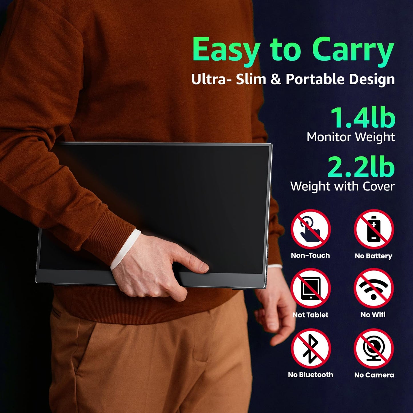 Portable Monitor 18.5 inch 1080P FHD 128% sRGB 100Hz, Travel Monitor for Laptop MacBook Surface PC Xbox PS5, HDMI Dual USB-C VESA Compatible Built-in Speaker, with Kickstand