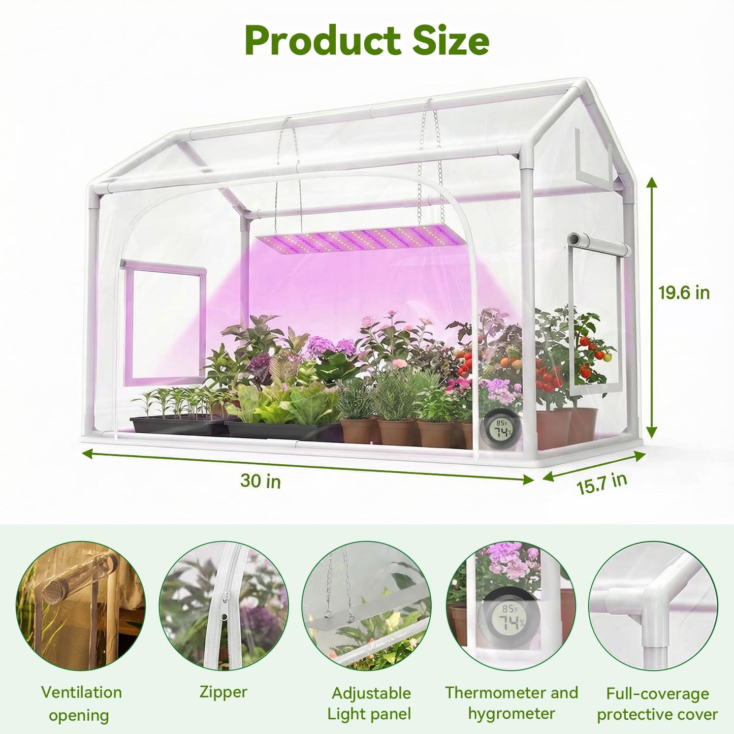 Mini Greenhouse with Grow Light & Timer & Hygrothermograph, 30"x16"x20" Indoor/Outdoor Tabletop Greenhouse with 96 LEDs Dimmable Full-Spectrum Lights (3 Colors), for Houseplants,Seedlings, Outside