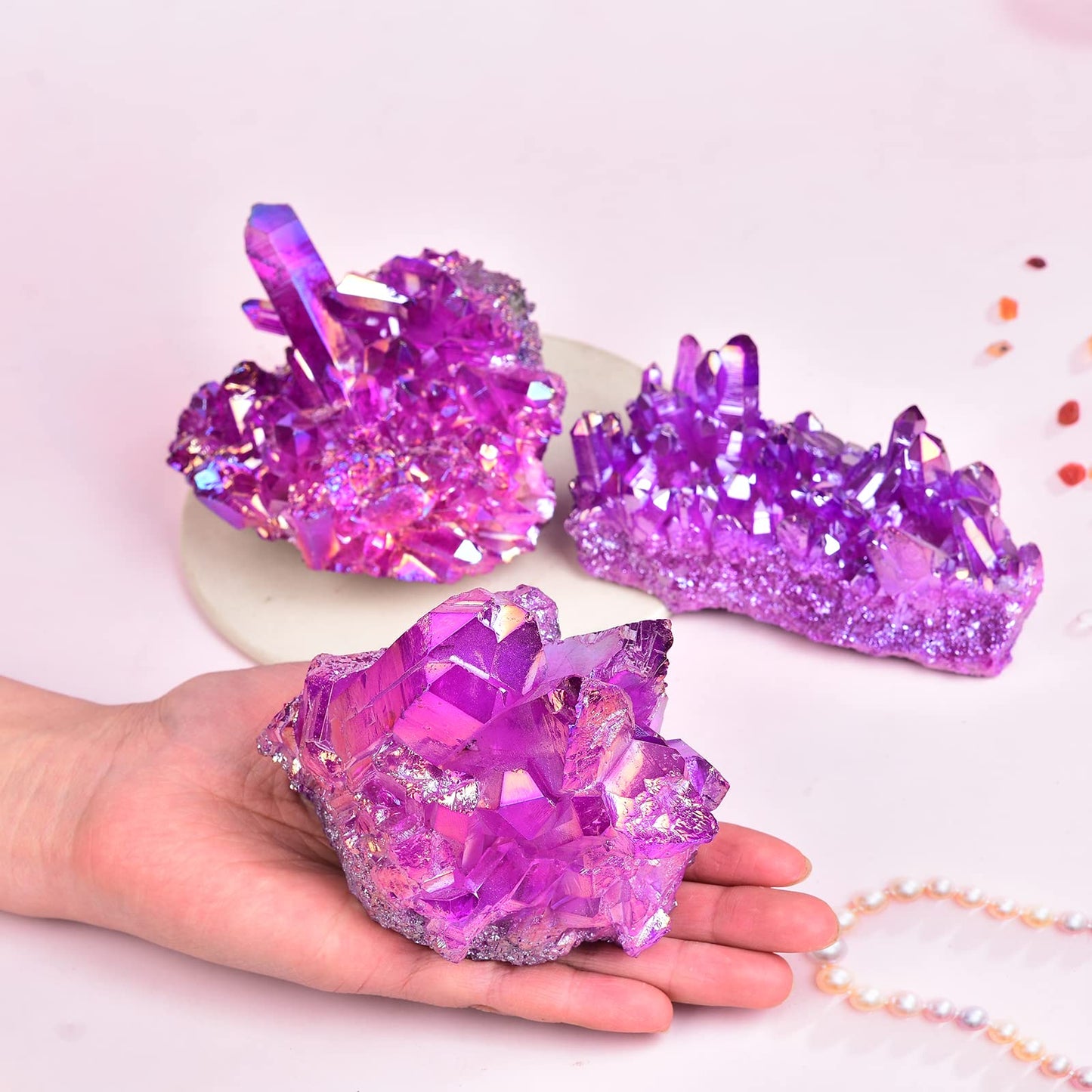 JIC Gem Real Natural Big Titanium Coated Crystal Cluster Purple Quartz Geode Druzy Home Decoration Gemstone Specimen(9-11cm)