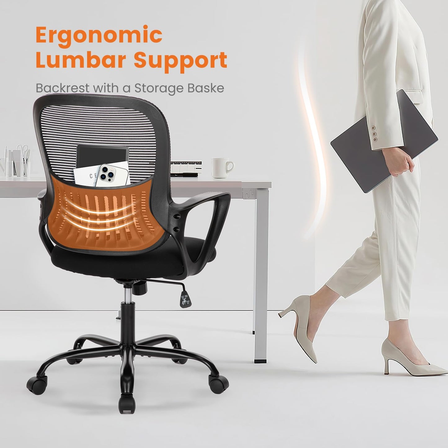 Sweetcrispy Ergonomic Mid-Back Mesh Home Office Desk Chair with Wheels, Lumbar Support, and Comfortable Armrests for Home, Bedroom, Study, Office