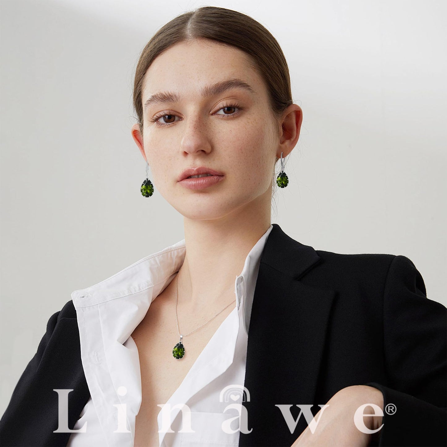 Linawe Peridot Green Crystal Silver Jewelry Sets for Women, Imitation Diamond Cubic Zirconia Pendant Necklace and Birthstone Drop Earrings, Rhinestone Costume Jewelry for Women Sets