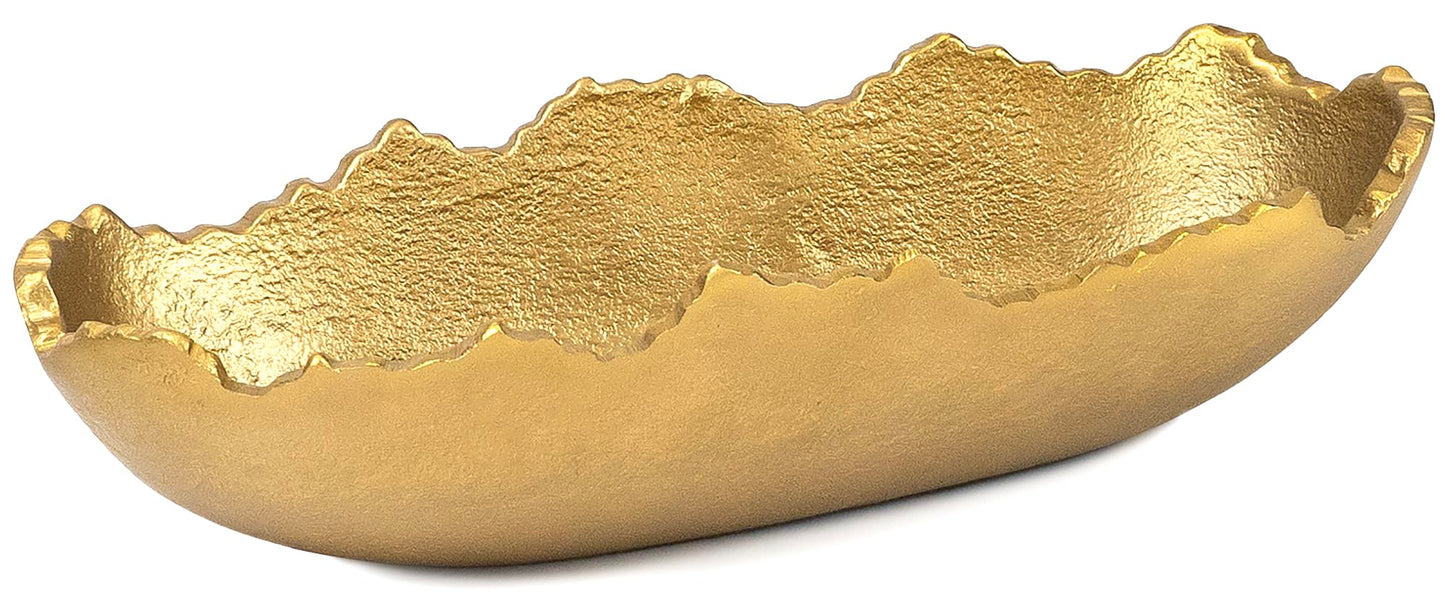Red Co. 11.5” x 4.5” Elongated Oval Decorative Asymmetrical Torn Textured Metal Centerpiece Tray with Sculpted Edges, Old Gold
