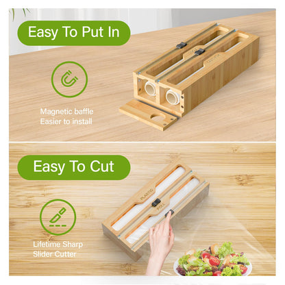KOCWELL Bag Organizer and Plastic Wrap Dispenser with Cutter, 6 In 1 Bamboo Foil and Plastic Wrap Organizer for Kitchen Drawer, Food Storage Bag Organizer for Gallon,Quart,Sandwich,Snack(Yellow)