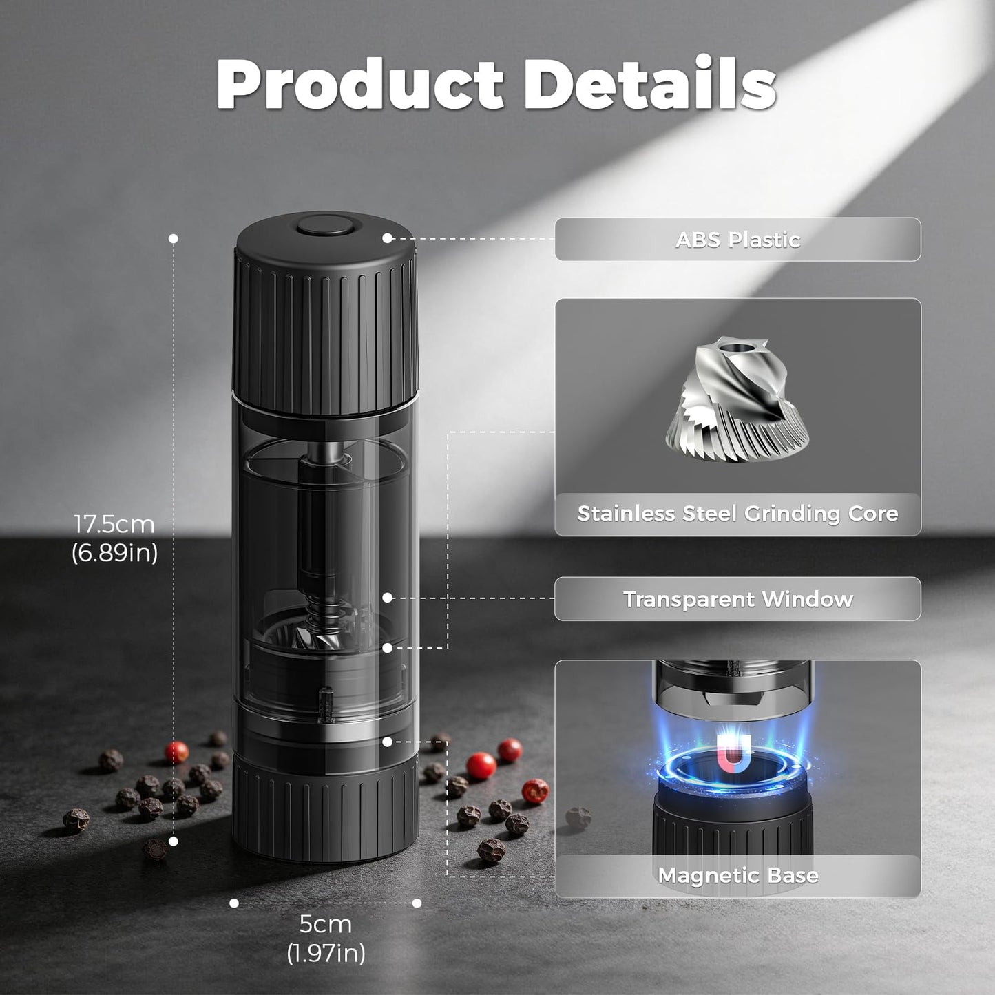 Luvan Pepper Grinder, Sleek Manual Pepper Mill with Stainless Steel Grinding Core, Adjustable Coarseness, Refillable Semi-Transparent Spice Grinder for Kitchen Cooking & Dining