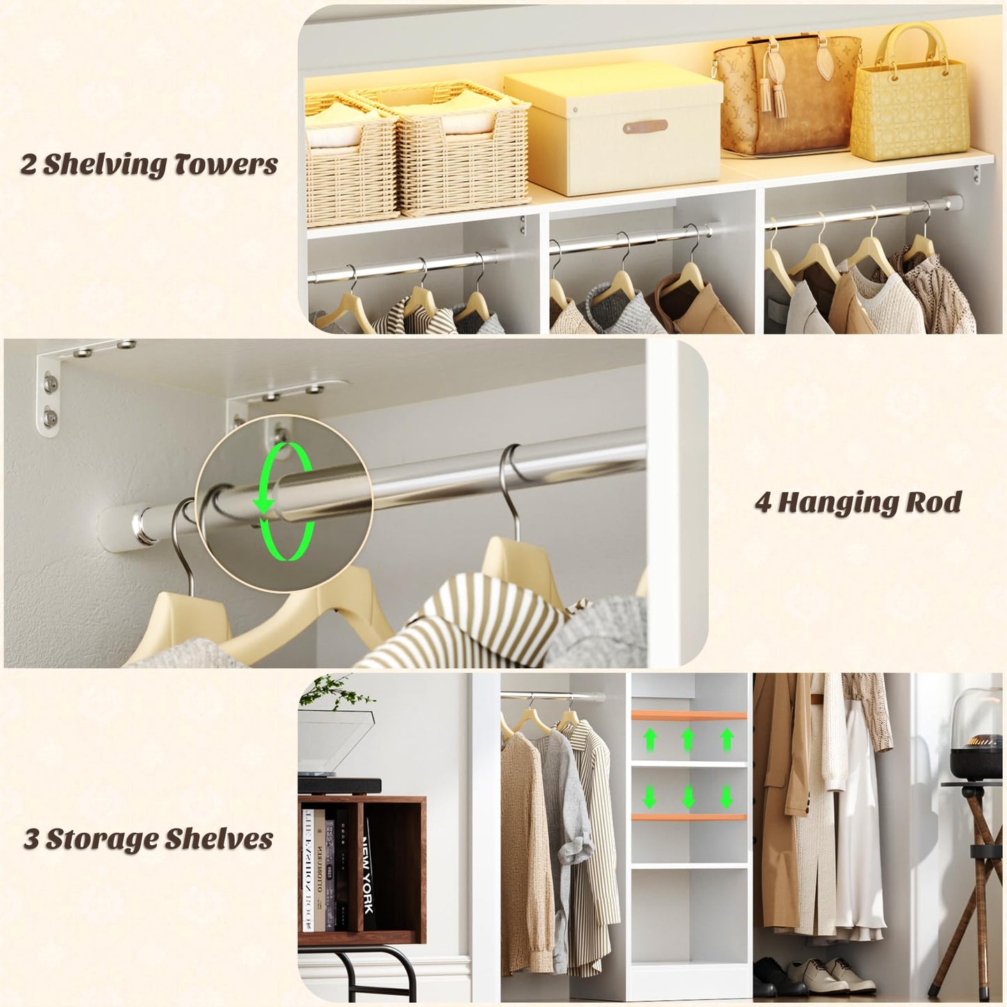 Besiost 48" Closet Organizer System, 4FT Closet System for Small Closets with 4 Hanging Rods & 3 Shelves, 80"H Small Closet Organizers and Storage for Bedrooms, Cloakrooms, White