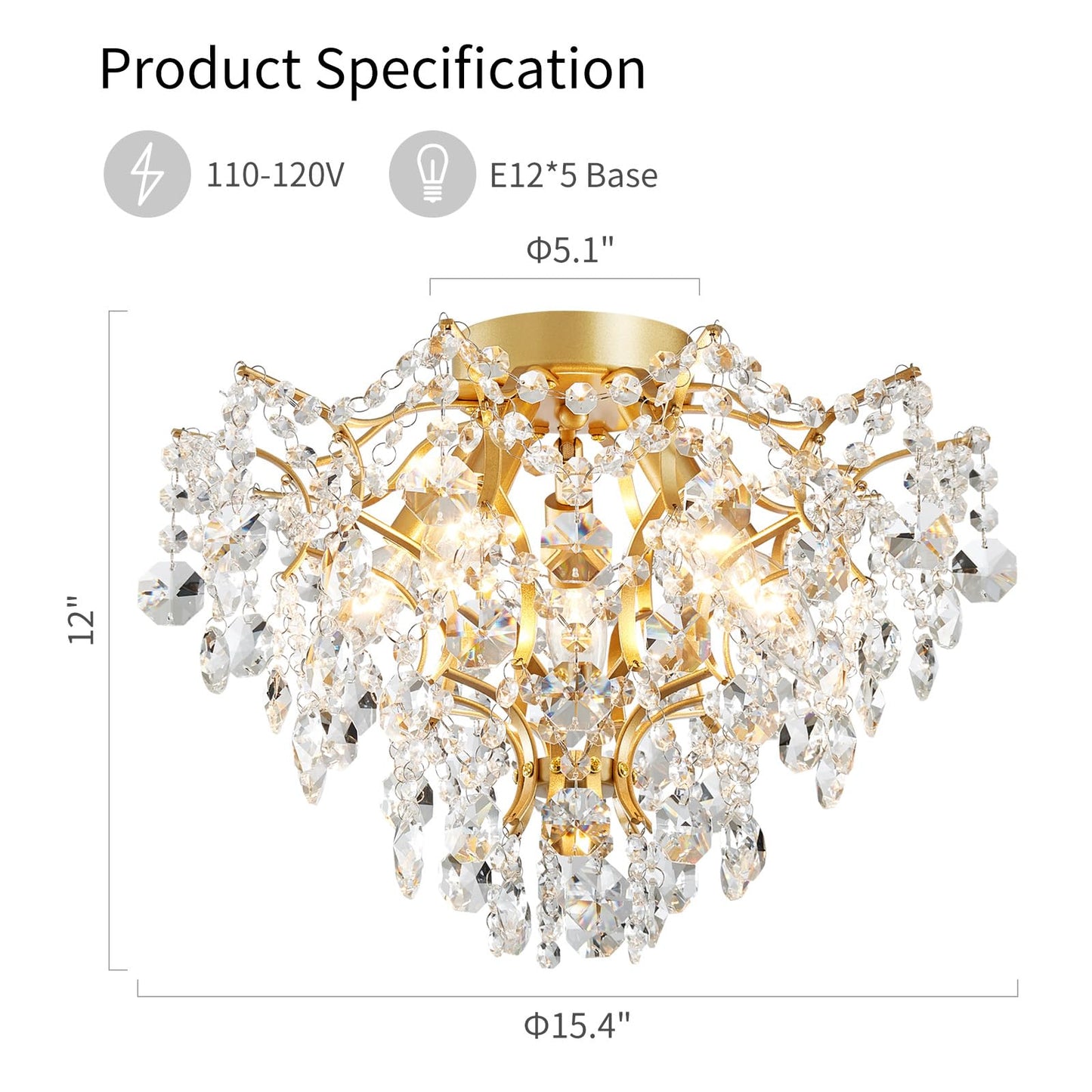 WUZUPS 5-Light Crystal Chandelier Flushmount Ceiling Light Modern Lighting Fixture for Bedroom Hallway Bar Kitchen Bathroom, H 12" W 15.4", E12 Base, Gold