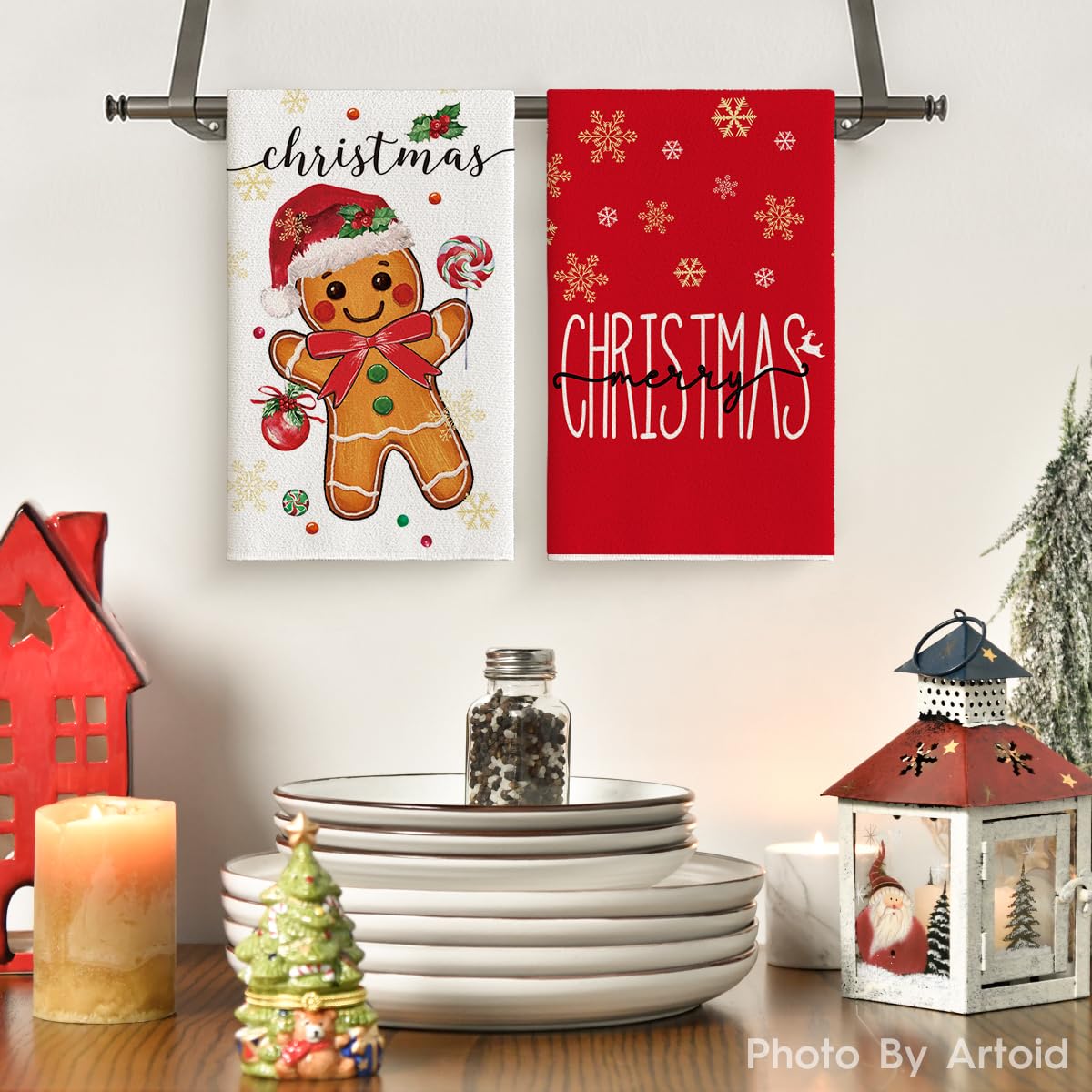 Artoid Mode Gingerbread Candy Merry Christmas Kitchen Towels Dish Towels, 18x26 Inch Holiday Holly Xmas Ball Winter Decoration Hand Towels Set of 4