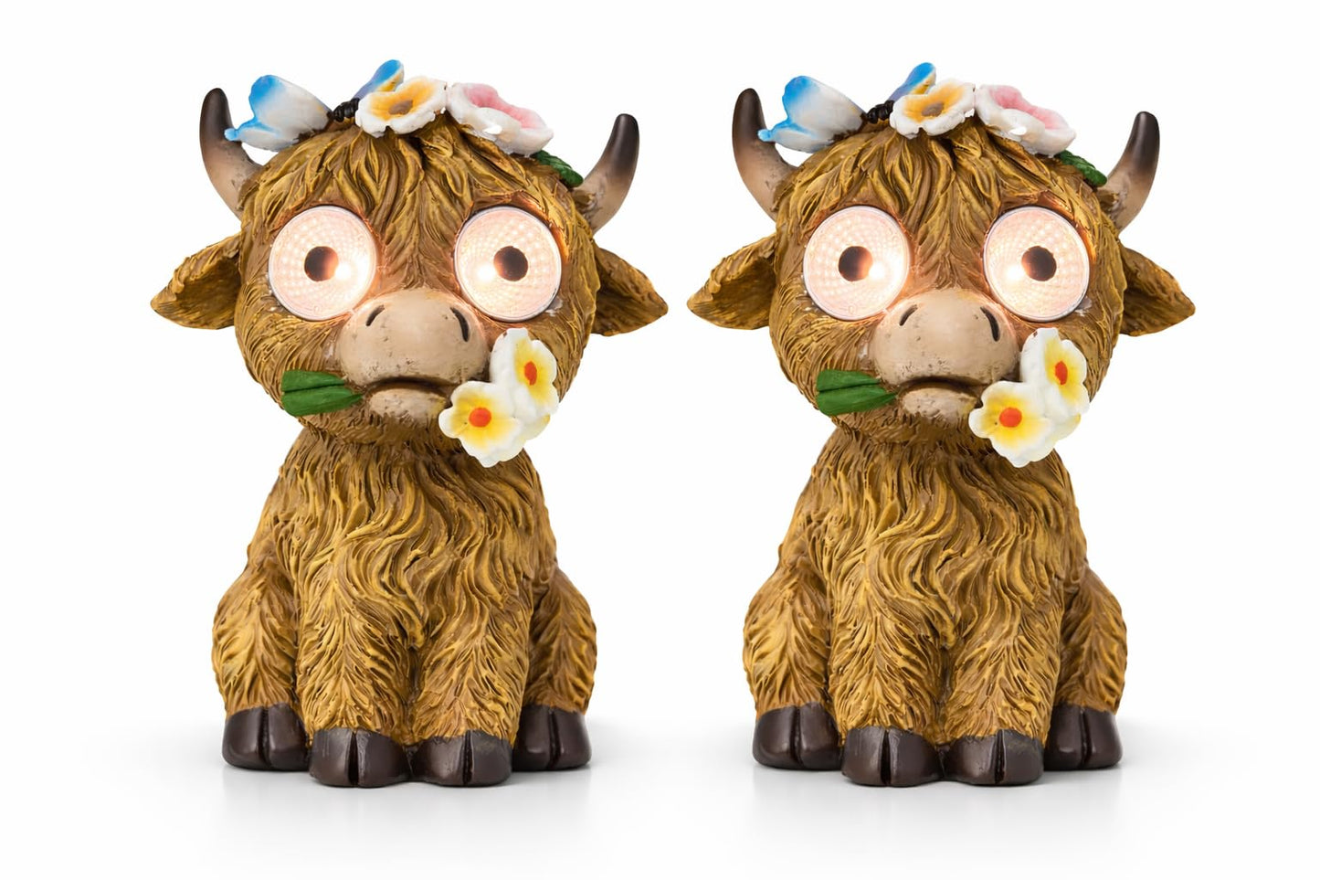 2 Solar Cow Garden Statues with Lighted Eyes – Cute Highland Cow Outdoor Decor, Waterproof Resin Animal Figurines for Yard, Patio, Lawn & Gifts (2-Pack)