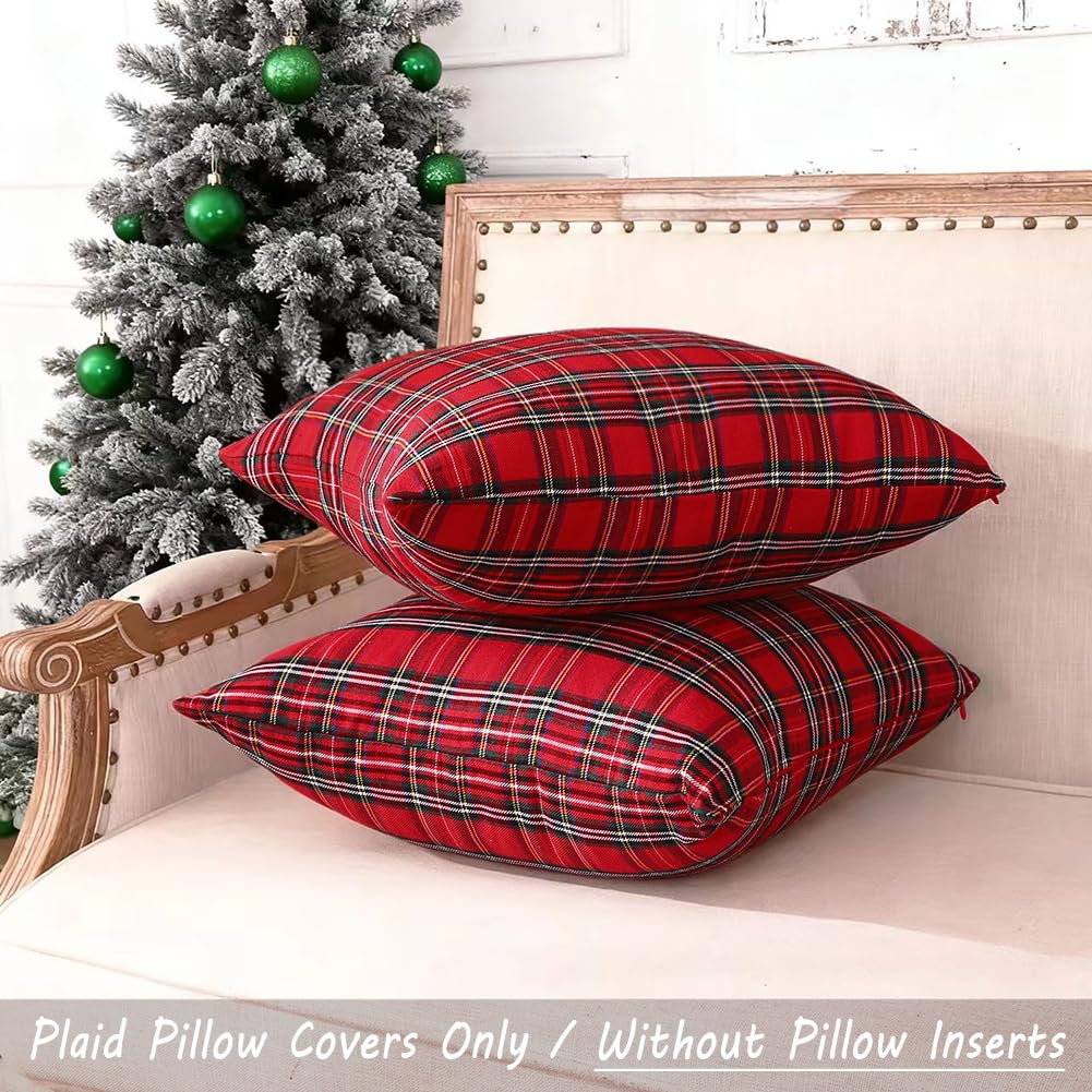 CARRIE HOME Red Tartan Plaid Christmas Throw Pillow Covers 20x20 Set of 2 Christmas Couch Pillow Covers Xmas Decor for Winter Holiday
