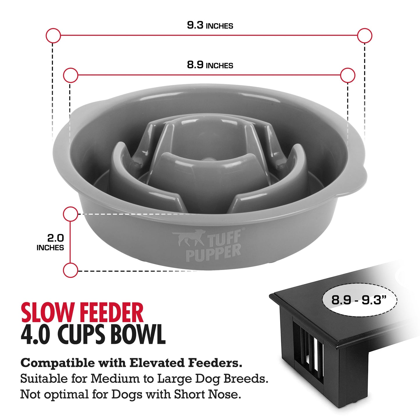 Tuff Pupper Slow Feeder Insert Bowl | Puzzle Maze Slows Down Eating | Elevated Feeder Tray Bowls | Standalone Dog Bowl | Pet Bowls Insert | Easy Clean Dishwasher Safe (4 Cups - Fits 8.9-9.3 Inch Hole)