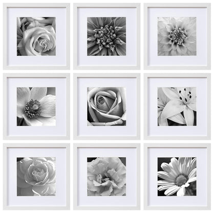 eletecpro 12x12 Picture Frames Set of 9 with Clear Acrylic Cover, Display 8x8 Photos with Mat or 12x12 Without, Classic and Sturdy Square Collage Gallery Wall Decor, Easy Wall Mount, White