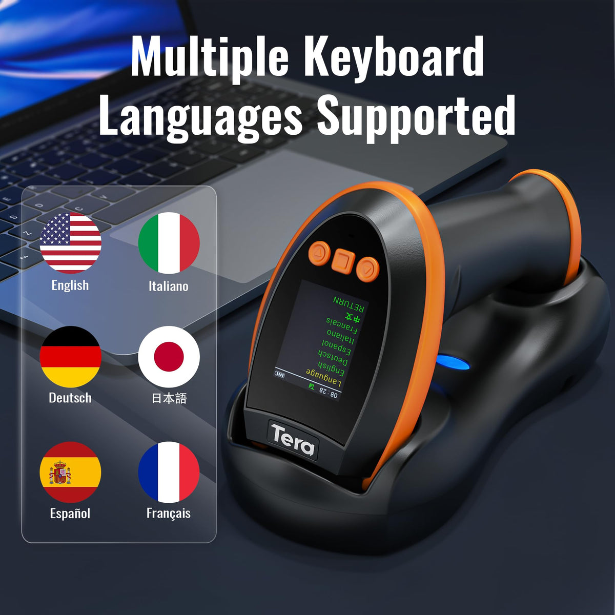Tera Barcode Scanner Wireless with Screen: Pro Version 1D 2D QR with Setting Keypad Charging Cradle Works with Bluetooth 2.4G Wireless USB Wired Handheld Bar Code Reader HW0009