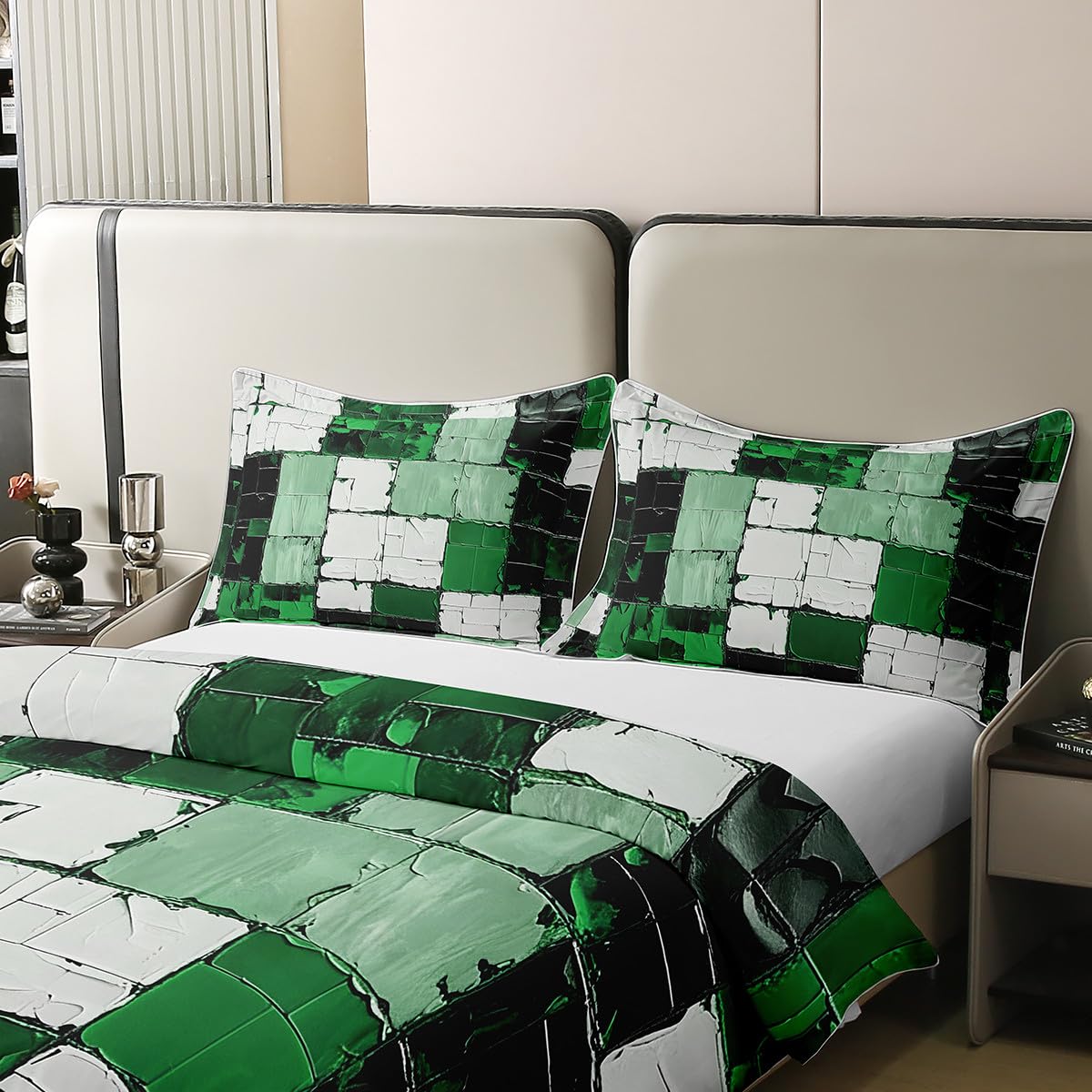 jejeloiu Green Black Abstract Duvet Cover 100% Cotton Geometric Minimalist Square Bedding Set King Size for Kids Boys Girls Modern Abstract Art Comforter Cover（No Comforter）